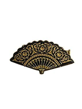 Vintage Gold Tone Fan Brooch Black Enamel Filigree Floral Folding Fan Pin
